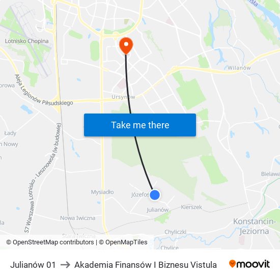 Julianów 01 to Akademia Finansów I Biznesu Vistula map