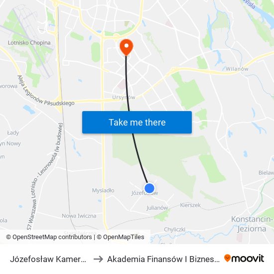 Józefosław Kameralna 02 to Akademia Finansów I Biznesu Vistula map