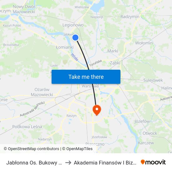 Jabłonna Os. Bukowy Dworek to Akademia Finansów I Biznesu Vistula map