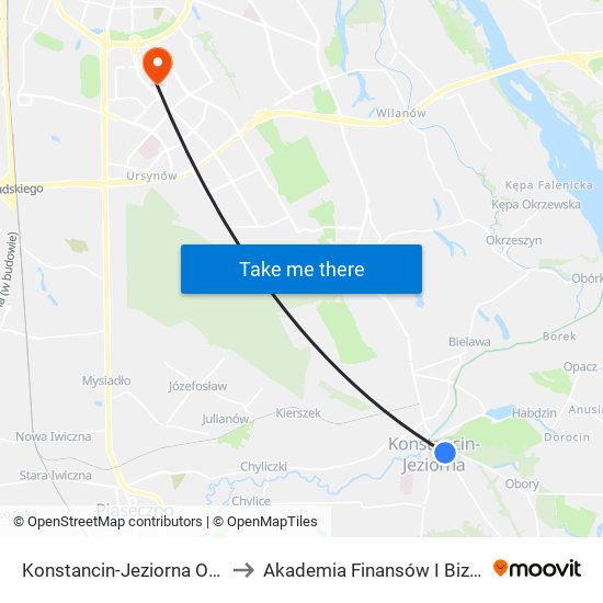 Konstancin-Jeziorna Os. Grapa 01 to Akademia Finansów I Biznesu Vistula map