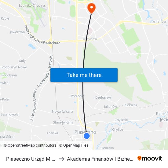 Piaseczno Urząd Miasta 03 to Akademia Finansów I Biznesu Vistula map