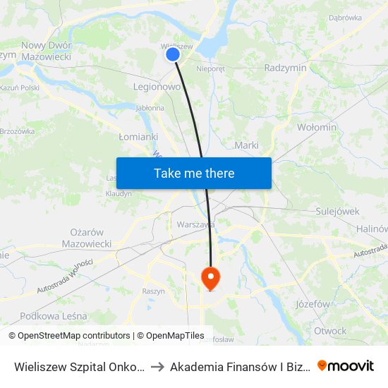 Wieliszew Szpital Onkologiczny 01 to Akademia Finansów I Biznesu Vistula map