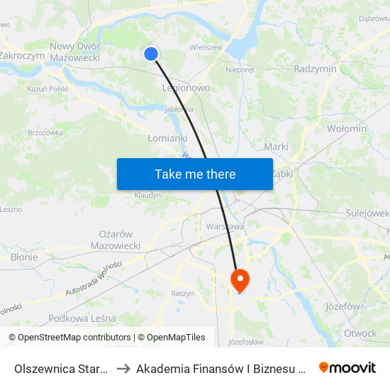 Olszewnica Stara 01 to Akademia Finansów I Biznesu Vistula map