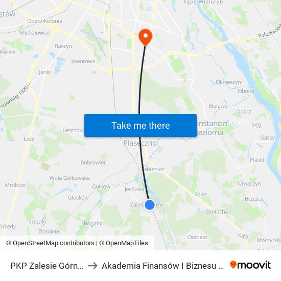 PKP Zalesie Górne 01 to Akademia Finansów I Biznesu Vistula map