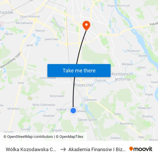 Wólka Kozodawska Cmentarz 02 to Akademia Finansów I Biznesu Vistula map