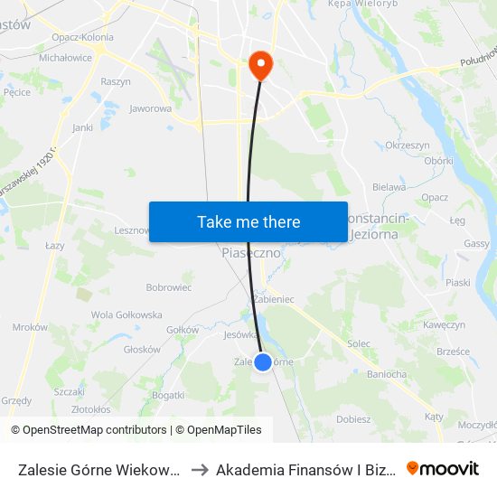 Zalesie Górne Wiekowej Sosny 01 to Akademia Finansów I Biznesu Vistula map