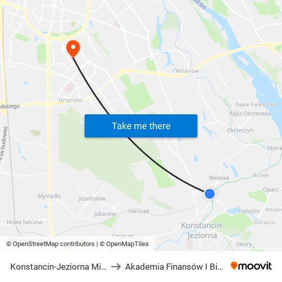 Konstancin-Jeziorna Mirkowska 01 to Akademia Finansów I Biznesu Vistula map