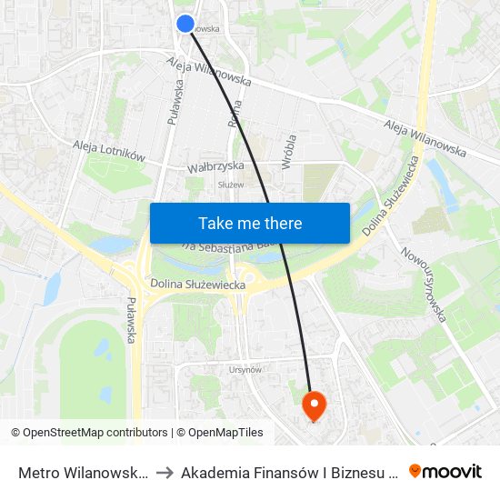 Metro Wilanowska 01 to Akademia Finansów I Biznesu Vistula map