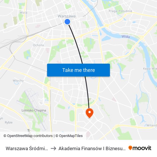 Warszawa Śródmieście to Akademia Finansów I Biznesu Vistula map