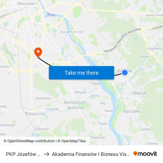 PKP Józefów 01 to Akademia Finansów I Biznesu Vistula map