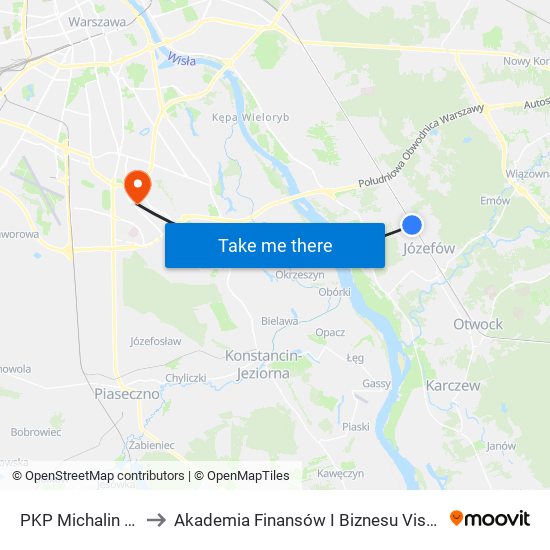 PKP Michalin 02 to Akademia Finansów I Biznesu Vistula map