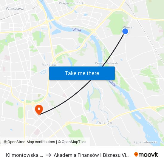 Klimontowska 01 to Akademia Finansów I Biznesu Vistula map