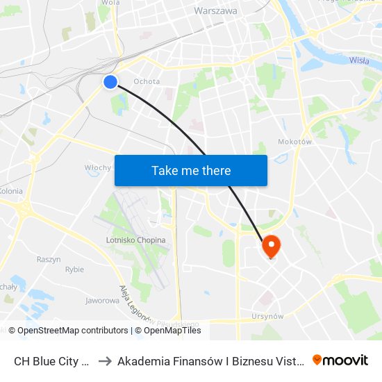 CH Blue City to Akademia Finansów I Biznesu Vistula map