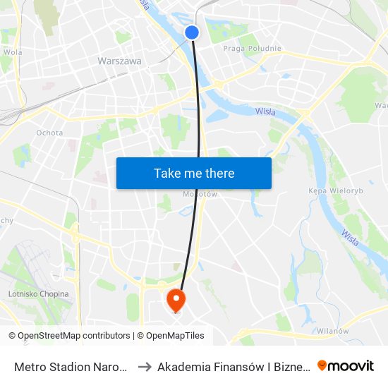 Metro Stadion Narodowy to Akademia Finansów I Biznesu Vistula map