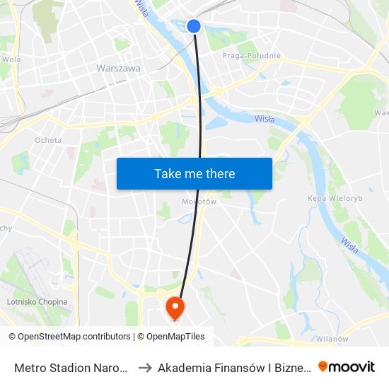 Metro Stadion Narodowy 02 to Akademia Finansów I Biznesu Vistula map