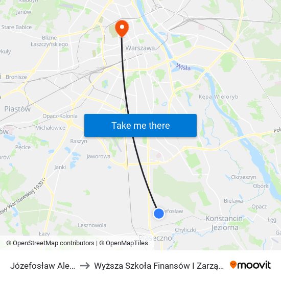 Józefosław Aleja Bzów 02 to Wyższa Szkoła Finansów I Zarządzania W Warszawie map