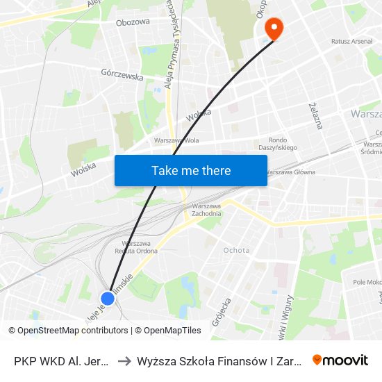 PKP WKD Al. Jerozolimskie 06 to Wyższa Szkoła Finansów I Zarządzania W Warszawie map