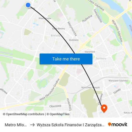 Metro Młociny 24 to Wyższa Szkoła Finansów I Zarządzania W Warszawie map