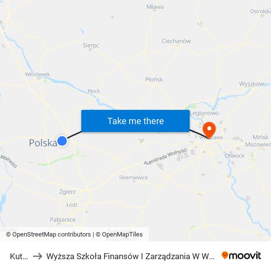 Kutno to Wyższa Szkoła Finansów I Zarządzania W Warszawie map