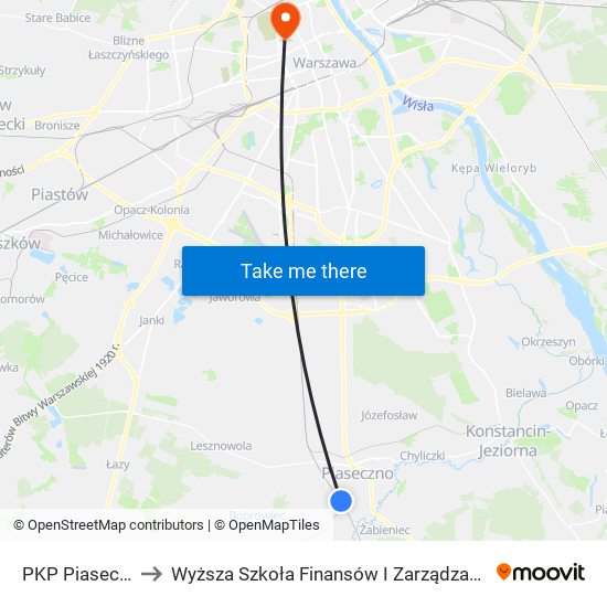 PKP Piaseczno to Wyższa Szkoła Finansów I Zarządzania W Warszawie map