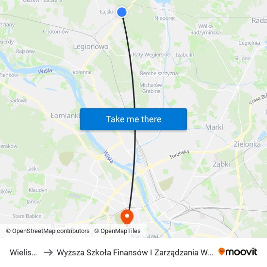 Wieliszew to Wyższa Szkoła Finansów I Zarządzania W Warszawie map
