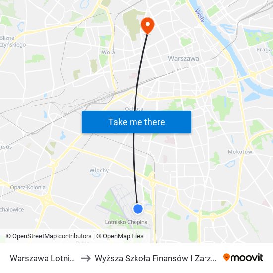 Warszawa Lotnisko Chopina to Wyższa Szkoła Finansów I Zarządzania W Warszawie map