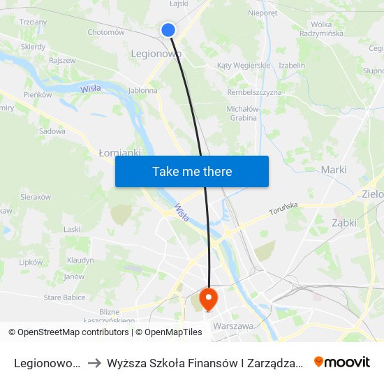 Legionowo Piaski to Wyższa Szkoła Finansów I Zarządzania W Warszawie map