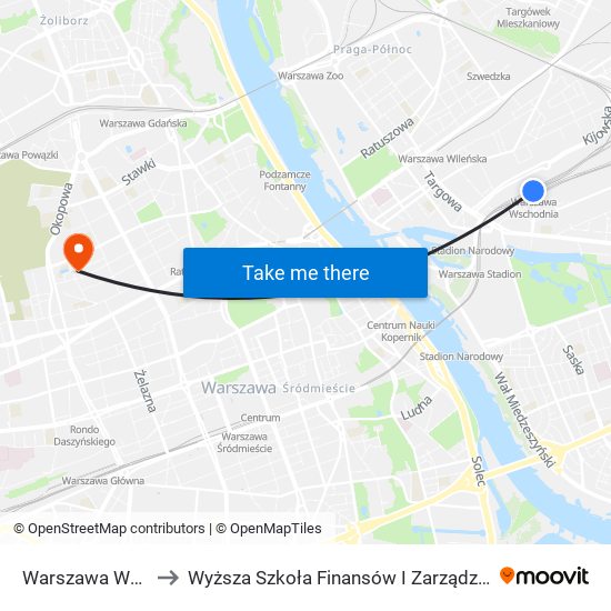 Warszawa Wschodnia to Wyższa Szkoła Finansów I Zarządzania W Warszawie map