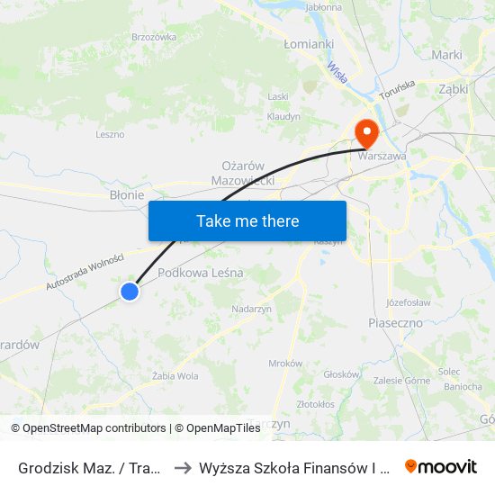 Grodzisk Maz. / Traugutta / Dw. PKP 01 to Wyższa Szkoła Finansów I Zarządzania W Warszawie map