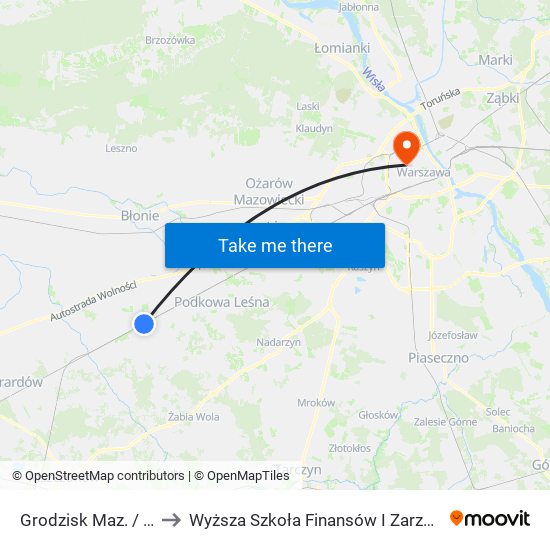 Grodzisk Maz. / Dw. PKP 01 to Wyższa Szkoła Finansów I Zarządzania W Warszawie map