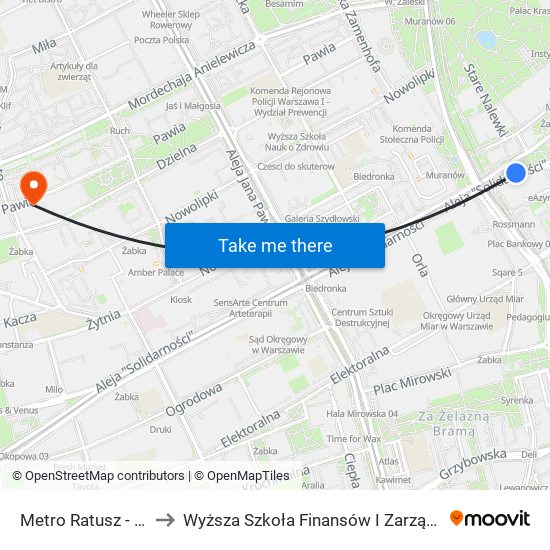 Metro Ratusz - Arsenał 09 to Wyższa Szkoła Finansów I Zarządzania W Warszawie map