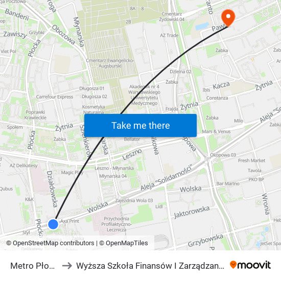 Metro Płocka 03 to Wyższa Szkoła Finansów I Zarządzania W Warszawie map