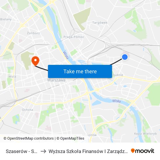 Szaserów - Szpital 01 to Wyższa Szkoła Finansów I Zarządzania W Warszawie map