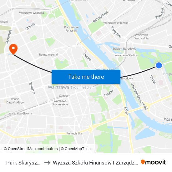 Park Skaryszewski 01 to Wyższa Szkoła Finansów I Zarządzania W Warszawie map