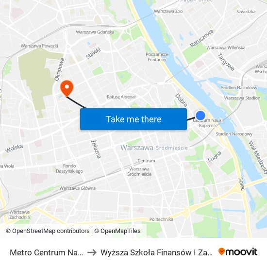 Metro Centrum Nauki Kopernik 04 to Wyższa Szkoła Finansów I Zarządzania W Warszawie map