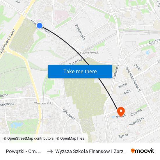 Powązki - Cm. Wojskowy 01 to Wyższa Szkoła Finansów I Zarządzania W Warszawie map