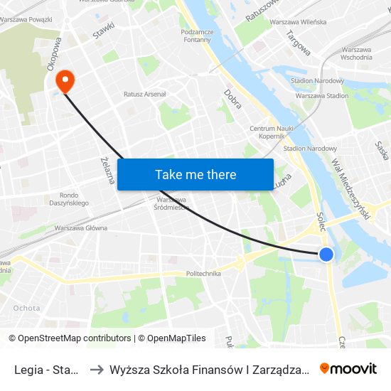 Legia - Stadion 01 to Wyższa Szkoła Finansów I Zarządzania W Warszawie map