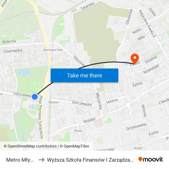 Metro Młynów 02 to Wyższa Szkoła Finansów I Zarządzania W Warszawie map