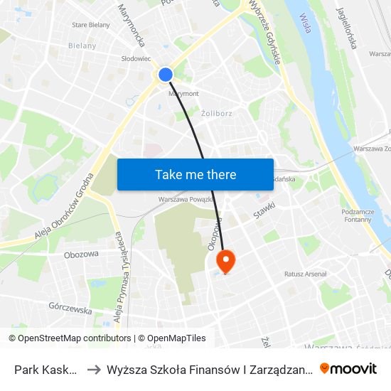 Park Kaskada to Wyższa Szkoła Finansów I Zarządzania W Warszawie map