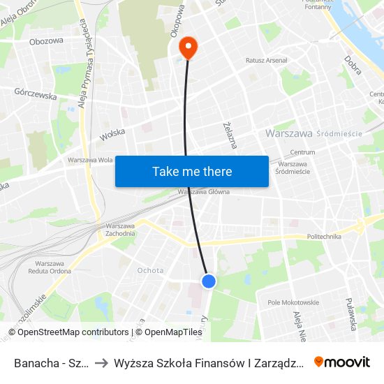 Banacha-Szpital to Wyższa Szkoła Finansów I Zarządzania W Warszawie map