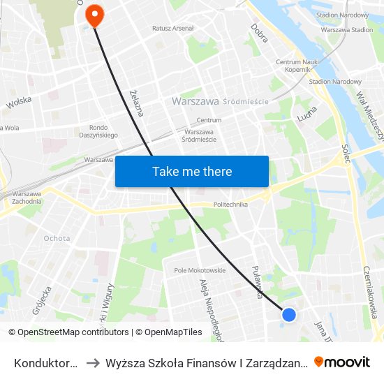 Konduktorska 02 to Wyższa Szkoła Finansów I Zarządzania W Warszawie map