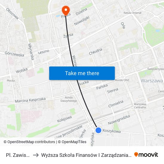 Pl. Zawiszy to Wyższa Szkoła Finansów I Zarządzania W Warszawie map