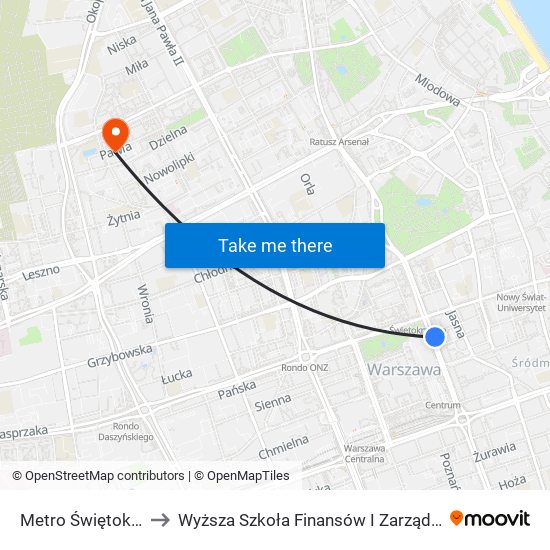 Metro Świętokrzyska 02 to Wyższa Szkoła Finansów I Zarządzania W Warszawie map