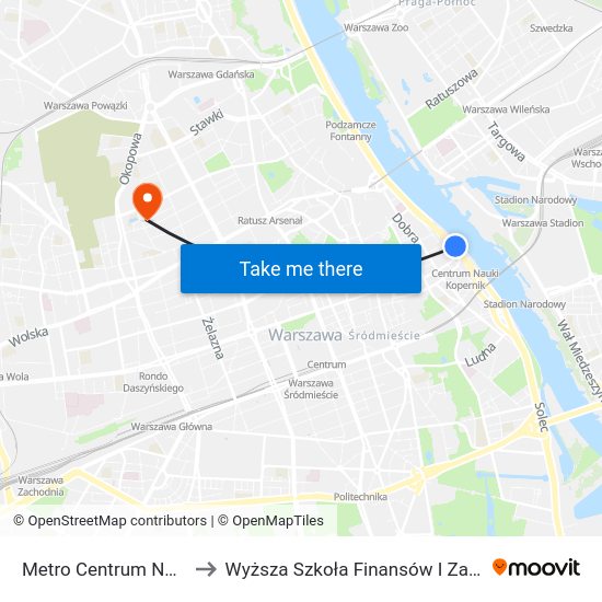 Metro Centrum Nauki Kopernik 02 to Wyższa Szkoła Finansów I Zarządzania W Warszawie map