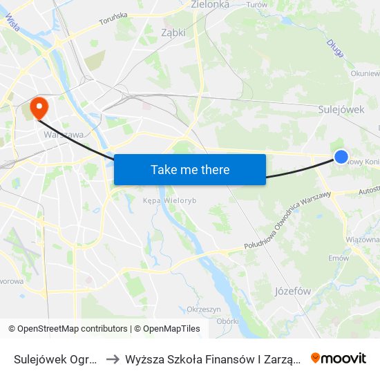 Sulejówek Ogrodnicza 01 to Wyższa Szkoła Finansów I Zarządzania W Warszawie map