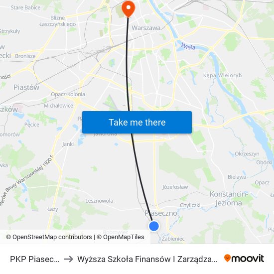 PKP Piaseczno 03 to Wyższa Szkoła Finansów I Zarządzania W Warszawie map