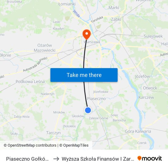 Piaseczno Gołków - Letnisko 01 to Wyższa Szkoła Finansów I Zarządzania W Warszawie map