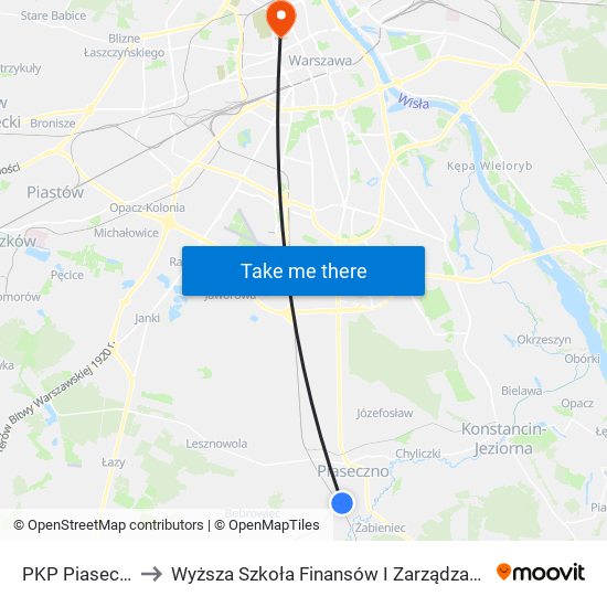 PKP Piaseczno 02 to Wyższa Szkoła Finansów I Zarządzania W Warszawie map