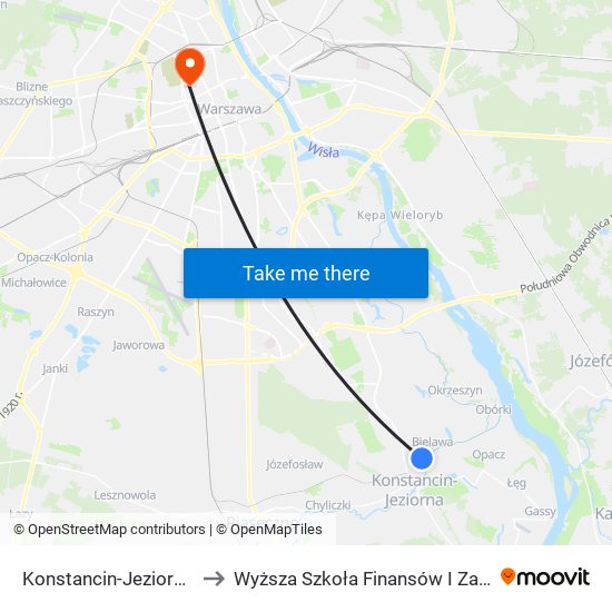 Konstancin-Jeziorna Mirkowska 01 to Wyższa Szkoła Finansów I Zarządzania W Warszawie map