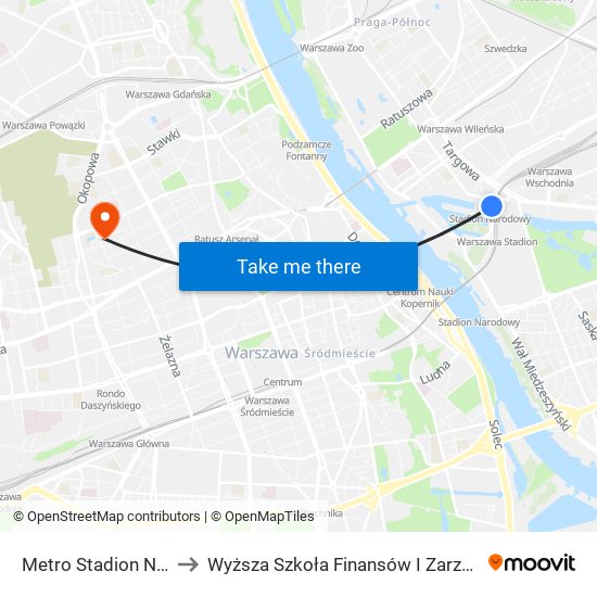 Metro Stadion Narodowy 01 to Wyższa Szkoła Finansów I Zarządzania W Warszawie map